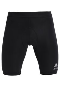 Cuissard de cyclisme noir rembourré avec une taille haute et le logo Odlo sur la jambe inférieure droite.