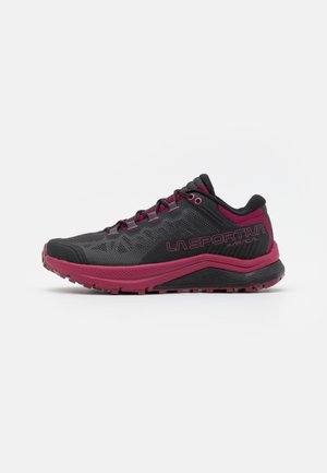 Czarne i magenta buty do biegania po szlakach z siateczkową górą, teksturowaną gumową podeszwą i wyraźnym logo z boku. Sznurowana konstrukcja.