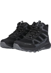 Scarpe da trekking nere con parte superiore testurizzata, dotate di accenti riflettenti, lacci e suola robusta per una migliore trazione. Design impermeabile incluso.