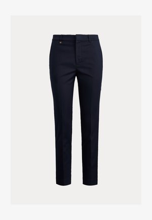 Tumesinised chino-püksid puuvillasegust, kitseneva lõike, lameda eesosa, küljetaskute ja ühe tagataskuga; detailides kuldne väike logo.