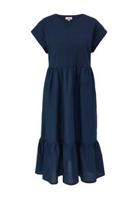 Kleid aus Baumwolle in Marineblau mit kurzen Ärmeln, lockerer Passform und Rüsche am Saum. Das Material ist glatt und leicht.