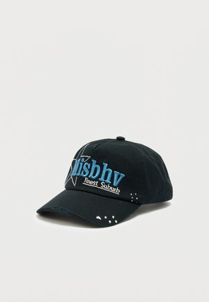 Black baseball cap with blue "Misbhv Finest Suburb" embroidery, white stitched star design, and small distressed details on the brim and panels.