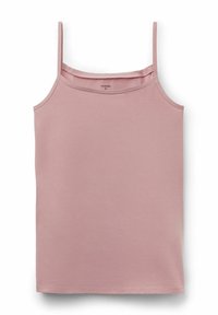 Jasnoróżowy top na ramiączkach z cienkimi paskami, wykonany z miękkiego materiału, charakteryzujący się prostym wzorem i prostym dołem bez ozdób.