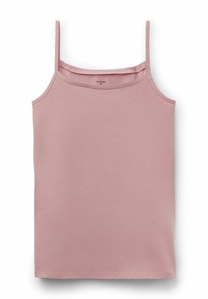 Helles pinkes Tanktop mit dünnen Trägern, aus weichem Stoff gefertigt, mit einem schlichten Design und einem geraden Saum ohne Verzierungen.