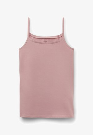 Top sin mangas de color rosa pálido con tirantes finos, hecho de una tela suave, que presenta un diseño simple y un dobladillo recto sin adornos.