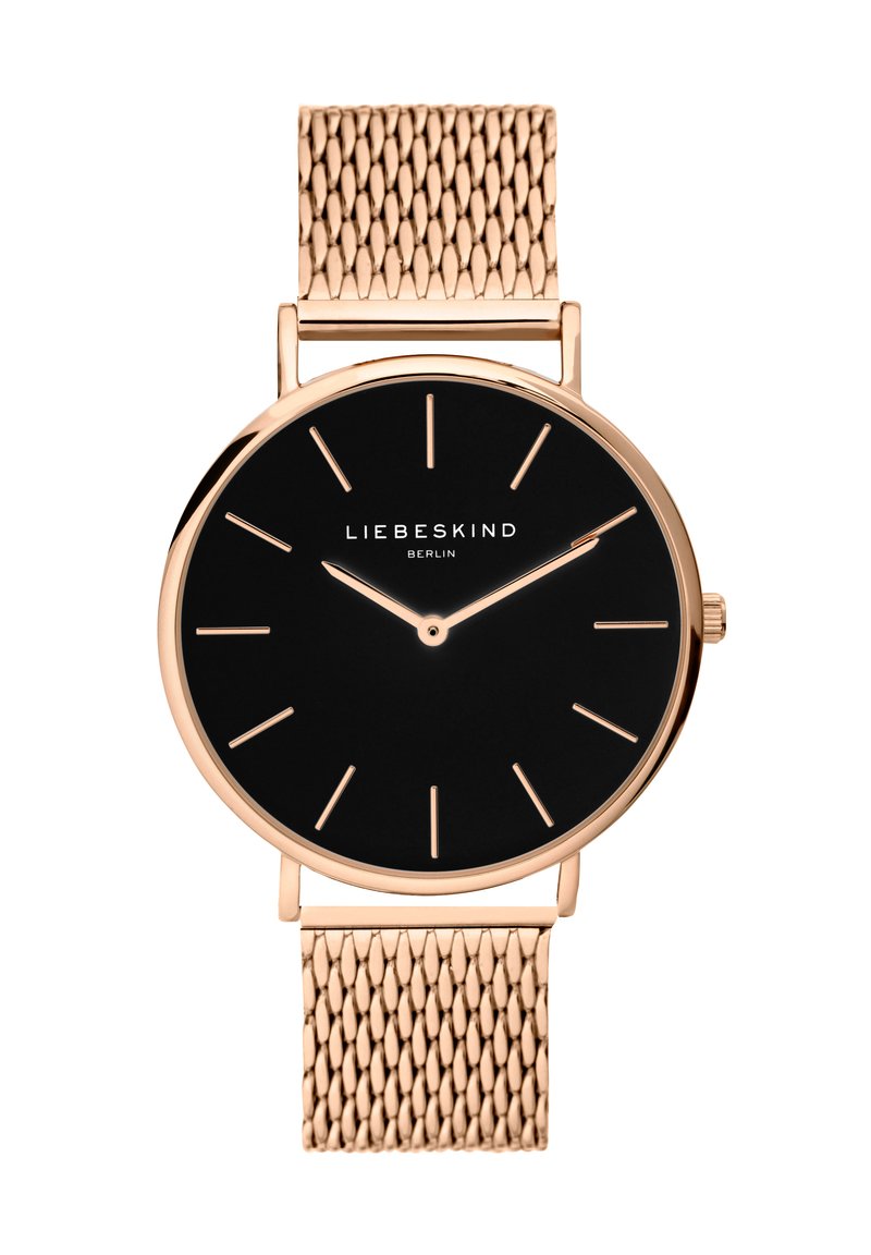 Rond horloge met een zwarte wijzerplaat, rosegouden metalen mesh band, minimalistisch ontwerp en eenvoudige uuraanduidingen. Merkennaam "LIEBESKIND BERLIN" weergegeven.