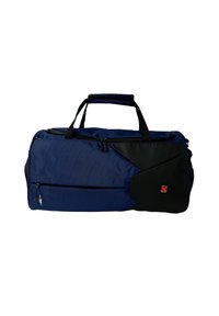 Sac de voyage bleu marine avec détails noirs, doté d'un tissu résistant, de deux poignées supérieures, d'une poche latérale et d'un logo de marque rouge à l'avant.