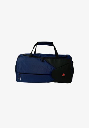 Sac de voyage bleu marine avec détails noirs, doté d'un tissu résistant, de deux poignées supérieures, d'une poche latérale et d'un logo de marque rouge à l'avant.