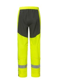 Pantaloni impermeabili ad alta visibilità in giallo neon e grigio scuro, con strisce riflettenti, cinturino elastico e polsini regolabili.