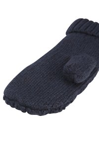 Gestrickte marineblaue Fäustlinge mit einem gerippten Bündchen und einem kleinen Daumenflicken, die eine strukturierte Oberfläche und eine gewellte Kante am Handgelenk aufweisen.