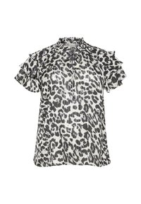 Černobílá plisovaná blůza s designem leopardího potisku, řasenými krátkými rukávy a vysokým výstřihem se stahovací šňůrkou.