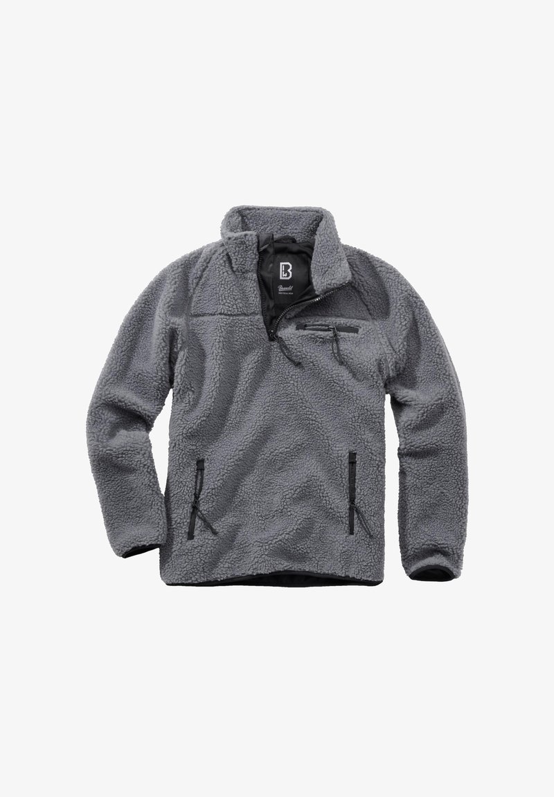 Šedý fleece pulóver so štvrťovým zipsom, vysokým golierom, náprsným vreckom na zips a dvoma vreckami na ruky na zips, vyrobený z hrubej textúrovanej látky.