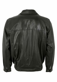 Svart läderjacka med krage, elastisk midja och sidofickor, med mjuk yta och sydda detaljer.