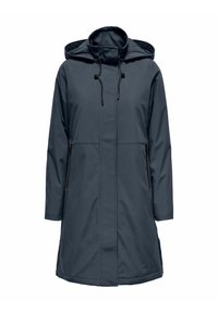 Tumši zila, ūdensnecaurlaidīga jaka ar priekšējo rāvējslēdzēju, aukliņu kapuci un sānu kabatām. Raksturīgas garas piedurknes un vidēja garuma dizains.