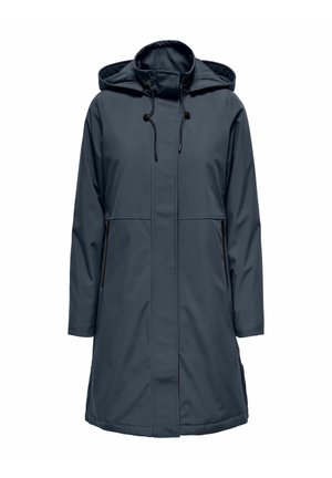 Marineblauw waterdicht jack met een ritssluiting aan de voorkant, een capuchon met trekkoord en zijzakken. Voorzien van lange mouwen en een middellange lengte.