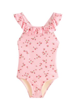Pink badedragt med små røde blomsterprint og flæsekantede stropper omkring halsudskæringen, designet til et barn.