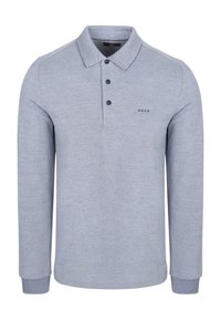 Lange mouwen polo shirt in lichtgrijze stof, met een kraag, vier donkere knopen en een marineblauw logo aan de linkerkant. Mouwen met manchetten.