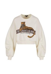 Sudadera blanca recortada con mangas abullonadas, que presenta un diseño de estampado de leopardo y la frase "True Religion Brand Jeans" impresa en la parte frontal.