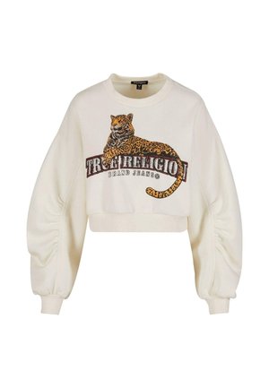 Witte cropped sweatshirt met ballonmouwen, met een panterprint ontwerp en "True Religion Brand Jeans" gedrukt op de voorkant.