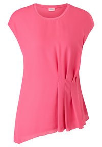 Lyserød kortærmet top lavet af letvægtsstof med plisserede detaljer på den ene side og en rund halsudskæring. Asymmetrisk nederste kant.