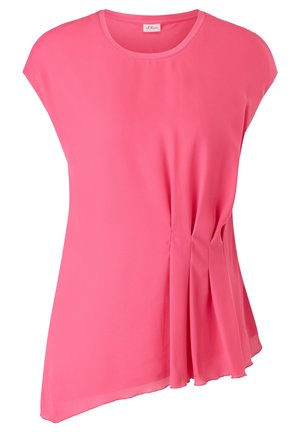 Roze top met korte mouwen, gemaakt van lichtgewicht stof, met geplooid detail aan één kant en een ronde halslijn. Asymmetrische zoom.