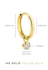 14k solid yellow gold hoop earring, 12mm diameter, featuring a 4mm zirconia pendant. Smooth texture and polished finish.