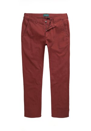 Pantaloni in cotone borgogna con chiusura a zip e bottone, tasche frontali, design a gamba dritta e dettagli cuciti.