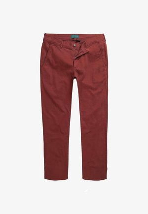 Burgunderfarbene Baumwollhose mit Reißverschluss und Knopfverschluss, Vordertaschen, geradem Bein Design und gestickten Akzenten.