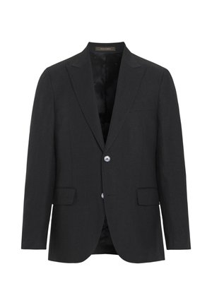 Zwarte herensblazer met inkepingrevers, twee voorflapzakken, twee knopen en een gladde voering.