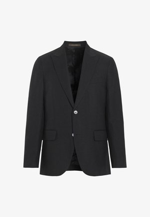 Zwarte herensblazer met inkepingrevers, twee voorflapzakken, twee knopen en een gladde voering.