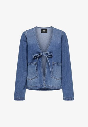 Jeansjakke i medium blå med indpakningsdesign, lange ærmer, bindebånd i taljen og to påsatte lommer foran.