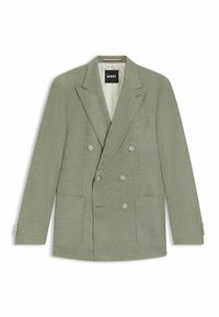 Groene dubbele breasted blazer van een gestructureerde stof, met twee vo pockets en subtiele schouderpadding. Bevat zilveren knoopaccenten.
