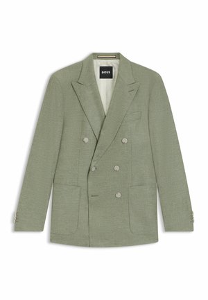 Green double-breasted blazer with a textured fabric, two front pockets, and subtle shoulder padding. Features silver button accents.