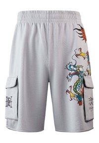 Gray cargo shorts made of lightweight fabric featuring a multicolored dragon design and side pockets with flaps. Elastic waistband included.