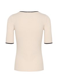 Beige short-sleeve top with a rounded neckline and black trim on sleeves. Smooth fabric with a fitted design. Rear view shows a seamless style.