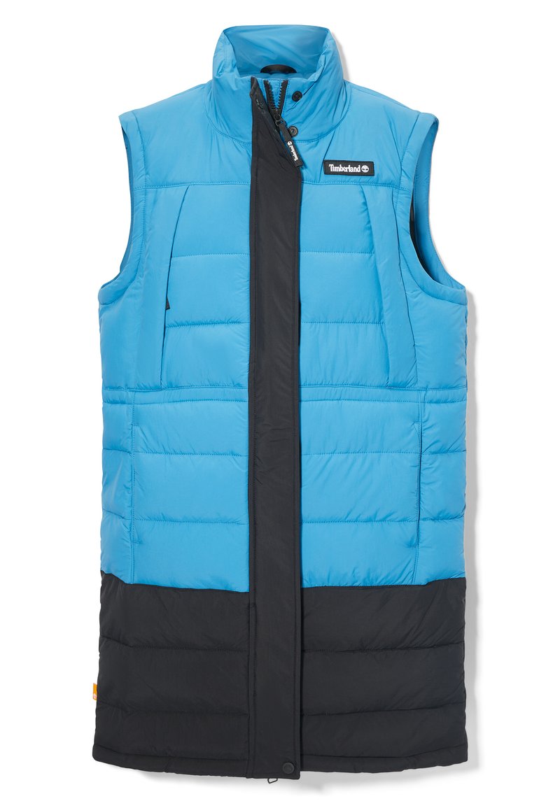 Blau und schwarze isolierte Weste mit hohem Kragen, vertikal gestepptem Design, Frontreißverschluss und Timberland-Logo auf der Brust.