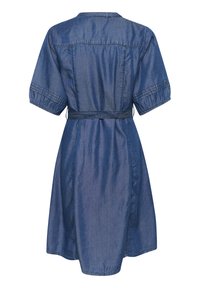 Jeans haljina, plava, kratki nabranih rukava, zategnuta remenom u struku, srednje dužine, s leđnom jarmom i bočnim džepovima.