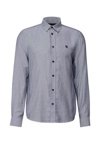 Camicia a maniche lunghe grigia da uomo con colletto piccolo e motivo sottile, dotata di bottoni neri e una piccola toppa con logo sul petto.
