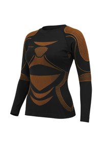 Black long-sleeve athletic shirt with orange geometric patterns, featuring a round neckline and textured fabric design for streamlined fit.