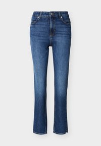 Pantalones vaqueros ajustados hechos de mezclilla azul oscuro. Diseño de talle alto con cinco bolsillos, cierre de botón y costuras en contraste de color naranja.