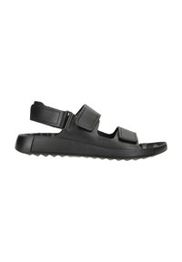 Schwarze Sandale aus synthetischem Material; verfügt über zwei verstellbare Klettverschlüsse, ein offenes Zehendesign und eine rutschfeste Gummisohle.