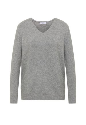 Suéter gris de cuello en v hecho de un suave tejido de punto. Mangas largas y puños y dobladillo acanalados. Diseño simple y sin adornos con un ajuste medio.