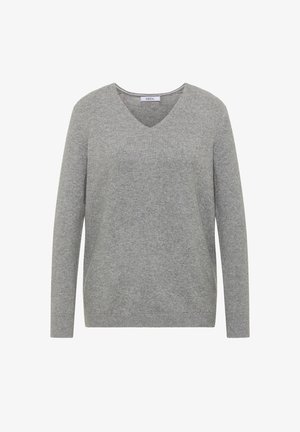 Grå v-hals tröja i mjukt stickat tyg. Långa ärmar och ribbade muddar och fåll. Enkel, odekorerad design med en medellång passform.