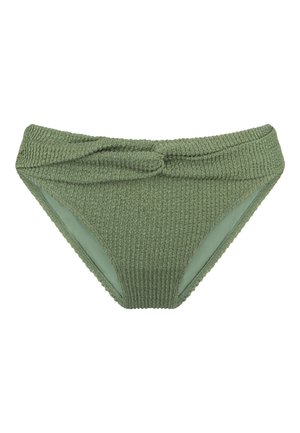 Culotte bikini di colore verde oliva con dettaglio anteriore annodato, caratterizzata da un design a righe e un rivestimento interno liscio.