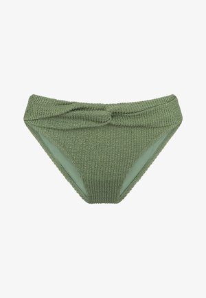 Textuurrijke, olijfgroene bikini onderkant met een geknoopte voorzijde, voorzien van een geribbelde structuur en een gladde binnenvoering.