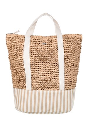 Sac cabas beige tissé avec poignées blanches et une base en tissu rayé beige et blanc, doté d'une fermeture éclair sur le dessus.