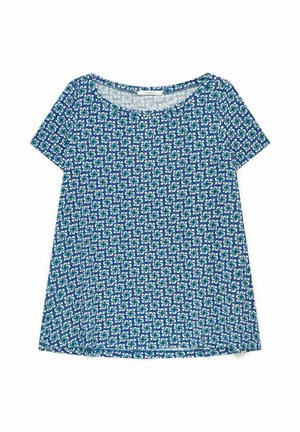 Blue short-sleeve shirt with rounded neckline, featuring a repeating pattern of white, green, and blue floral shapes.