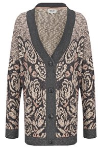 Rozpinany kardigan o ciemnoszarej dzianinowej fakturze. Kwiatowy wzór w kolorach beżu i różu na przodzie. Długie rękawy, dekolt w serek.