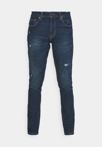 Tmavě modré džíny, slim fit, s vyplétanými švy na přední straně, standardní design s pěti kapsami, se zipem a knoflíkovým zapínáním.