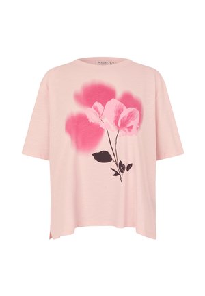 Světle růžové volné tričko z měkké látky s grafickým potiskem růžových květin a černých listů na přední straně.